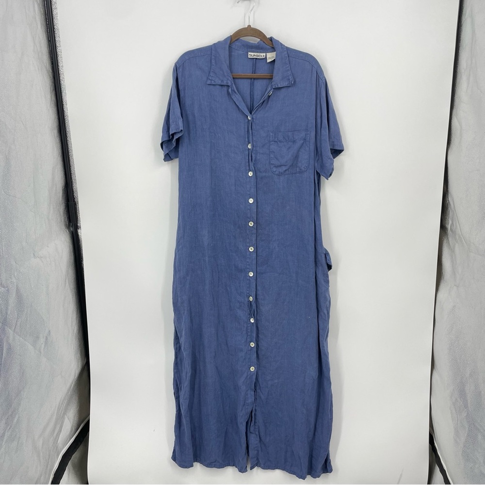 Vintage Sunbelt blue Linen Pocketed Maxi Dress button front Sz L